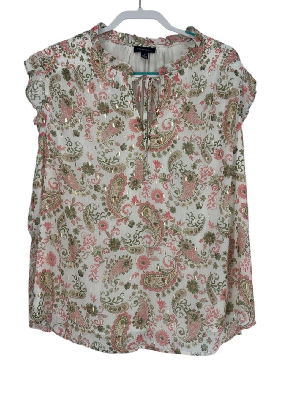 Tamara H Women Paisley Floral Blouse 2X Plus Gold Metallic Tie Boho Neck Ruffle